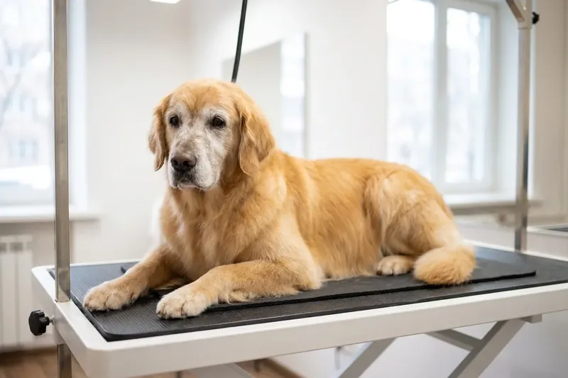 A golden dog lying on a grooming table in a bright room.