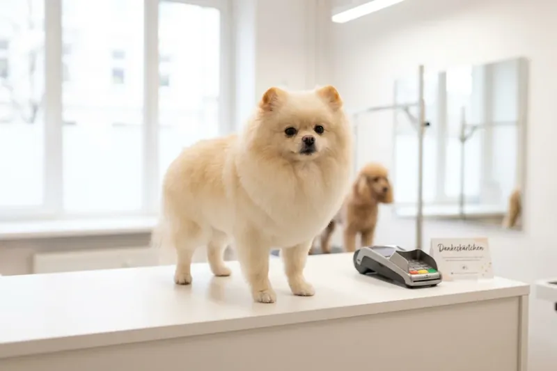 A small, fluffy, light-coloured dog standing on a white counter next to a card reader.