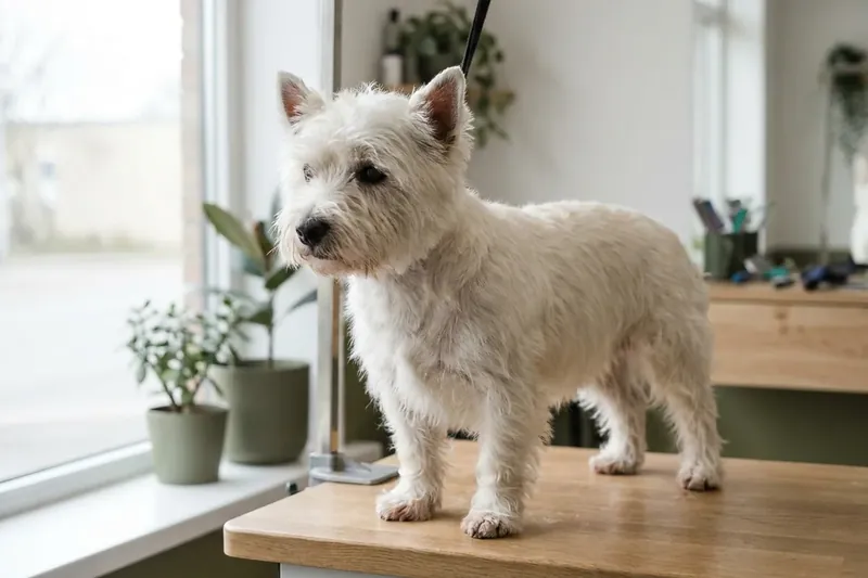 Ein kleiner weißer Hund steht auf einem Pflegetisch vor einem Fenster.