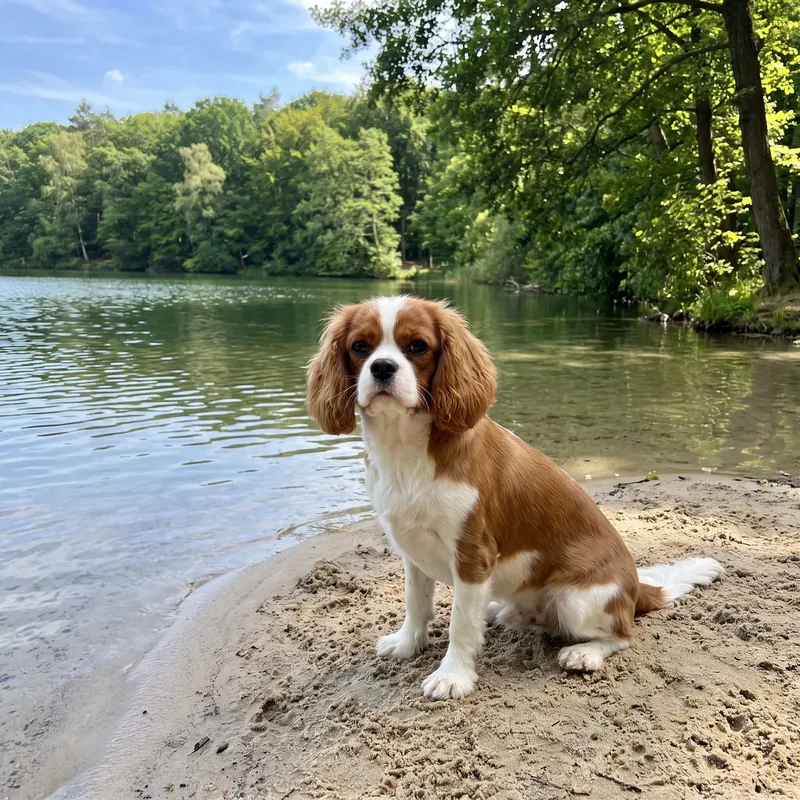 Cavalier King Charles Spaniel sitting by a lakeshore in the greenery