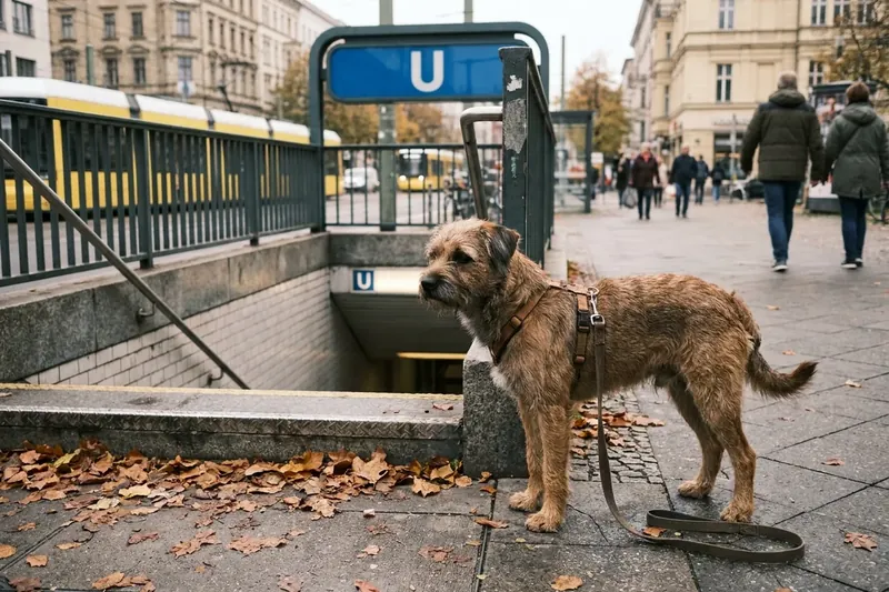 Brown dog with a harness at an underground station.