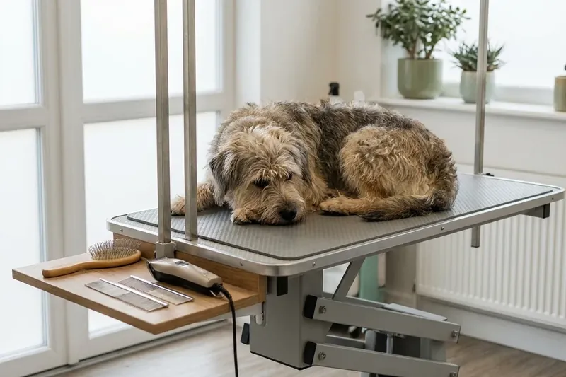 A fluffy dog lying relaxed on a grooming table next to grooming tools.