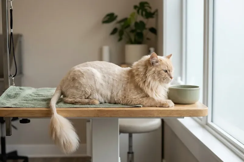 Aslan tıraşı yapılmış açık renkli bir kedi, pencere önündeki bir masada yatıyor.